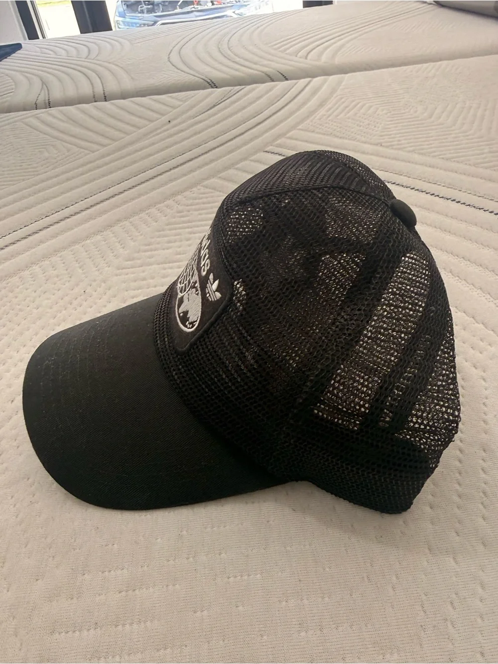 Adidas Black Mesh Trucker Hat with Globe Patch
